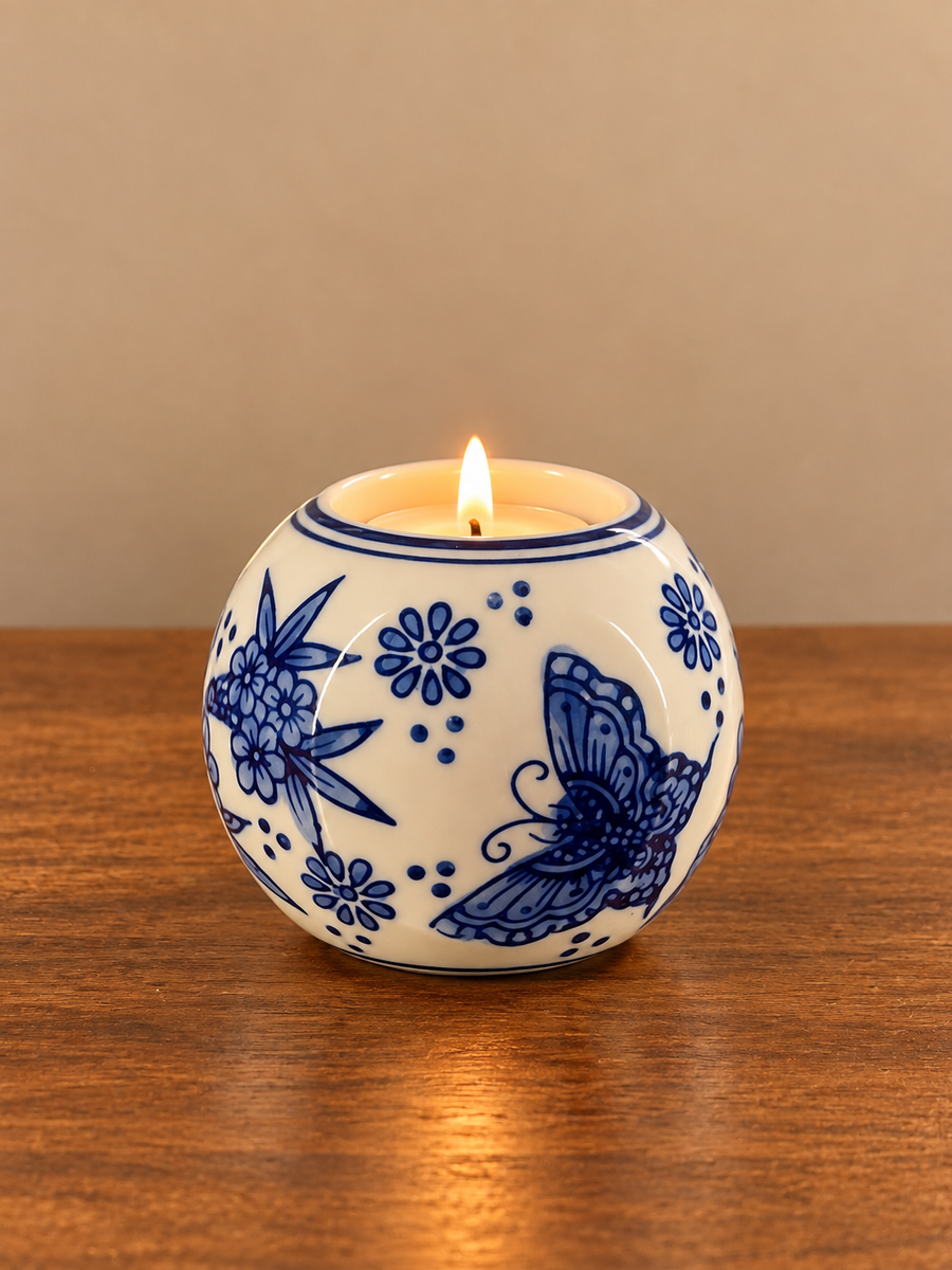 Blue Round Floral Ceramic Tealight Holder