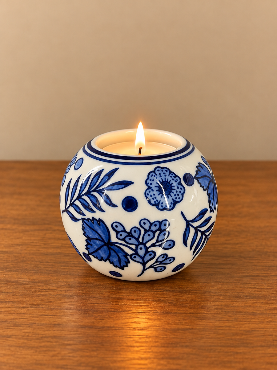 Blue Round Floral Ceramic Tealight Holder