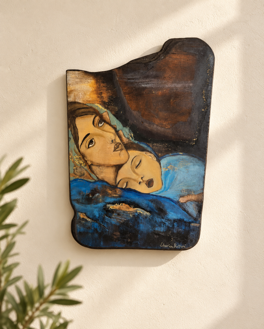 Mother Mary With Baby Jesus Painting On Burnt Wood Wall Hanging