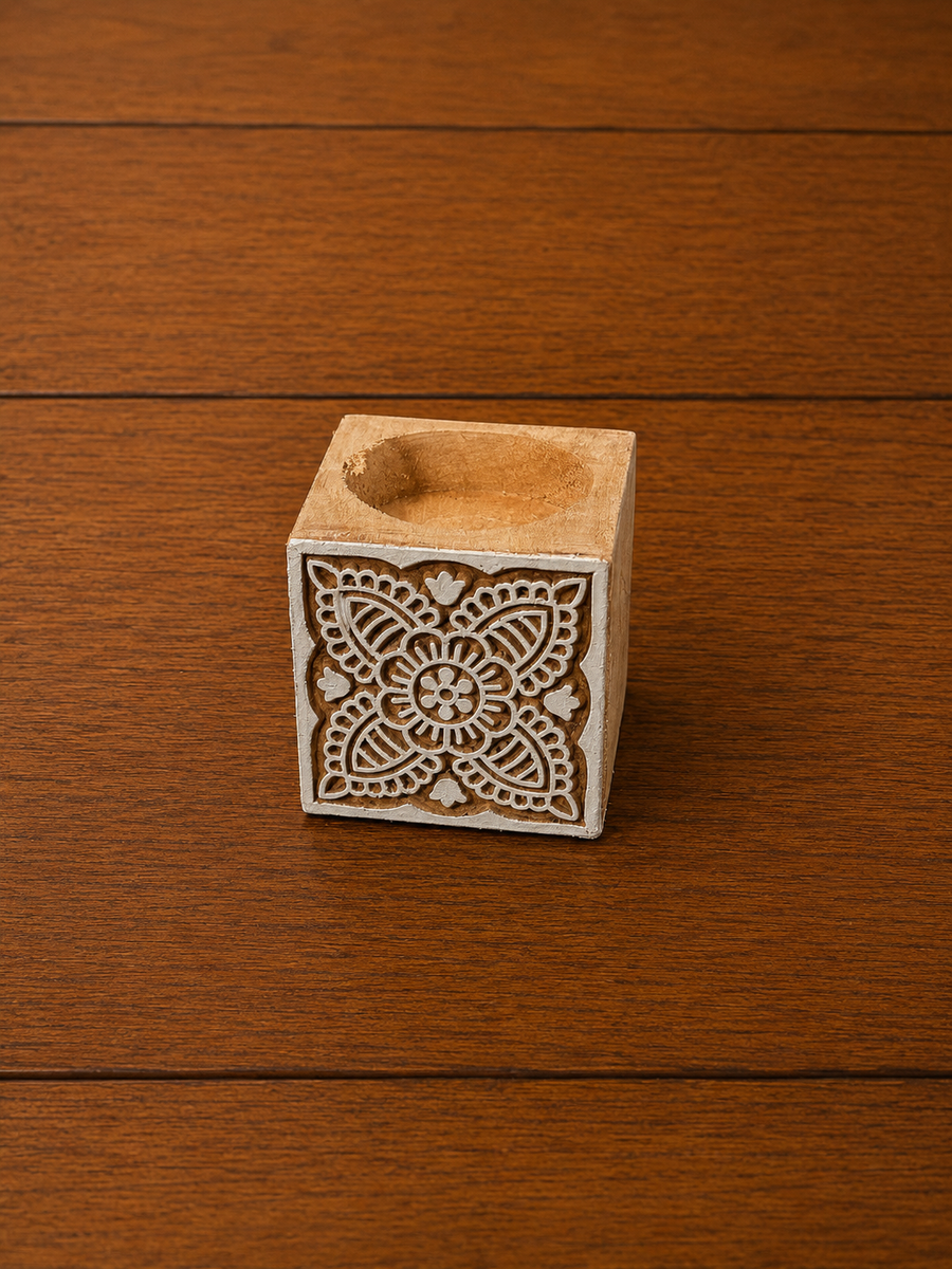 Floral Mandala Carved Wooden tealight Holder