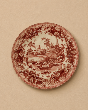 Ceramic Red Wall Plate with Japanese Willow Design