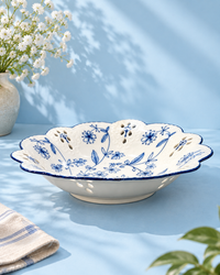 Scalloped Blue Floral Rim Ceramic Bowl
