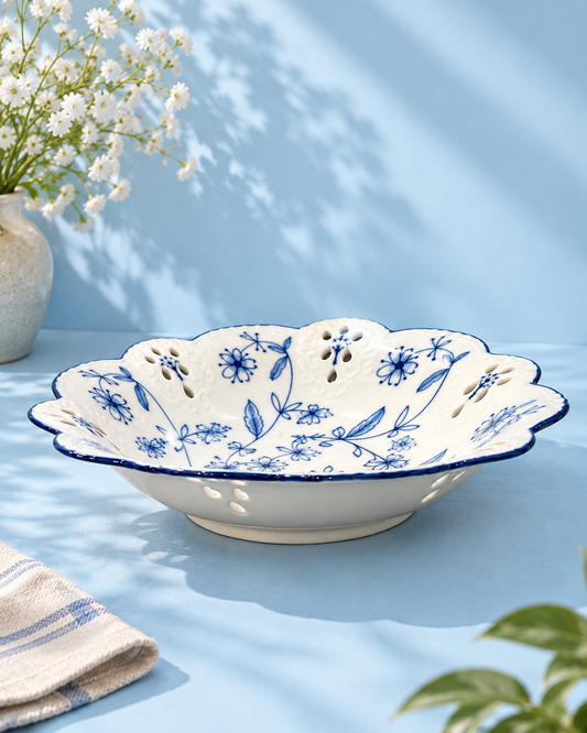 Scalloped Blue Floral Rim Ceramic Bowl