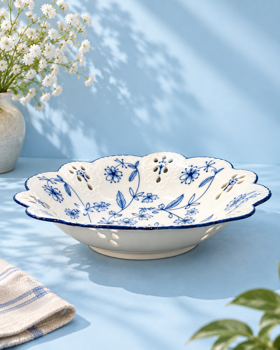 Scalloped Blue Floral Rim Ceramic Bowl