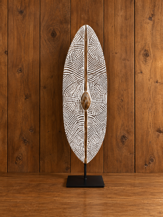 Wooden Surf Board On A Stand With Tribal Carving