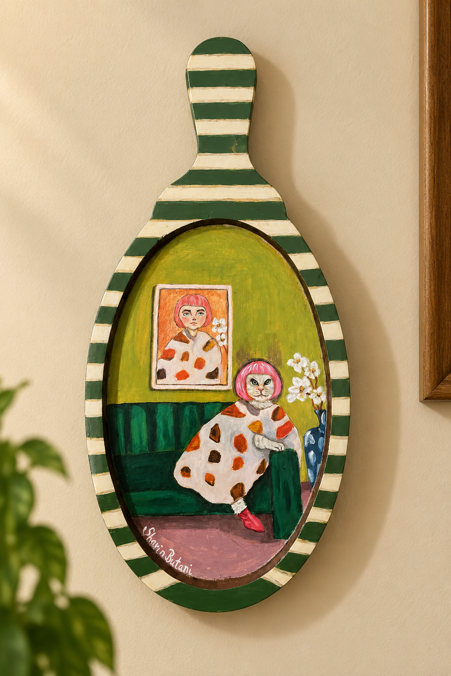 Handpainted Fancy Animal On Wooden Paddle Wall Hanging