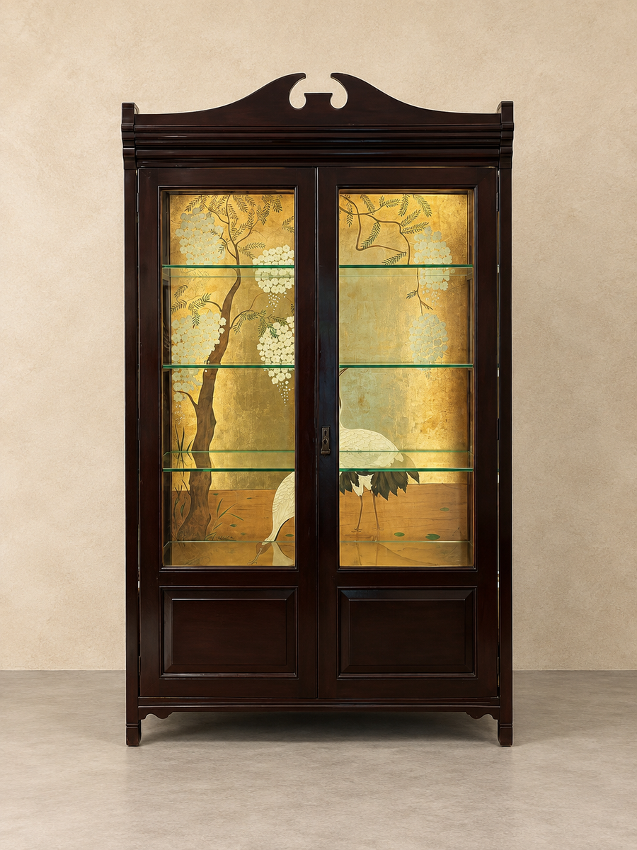 Mahogany Vitrine/ Glass Cabinet Cupboard With White Crane Painting And Light Strip