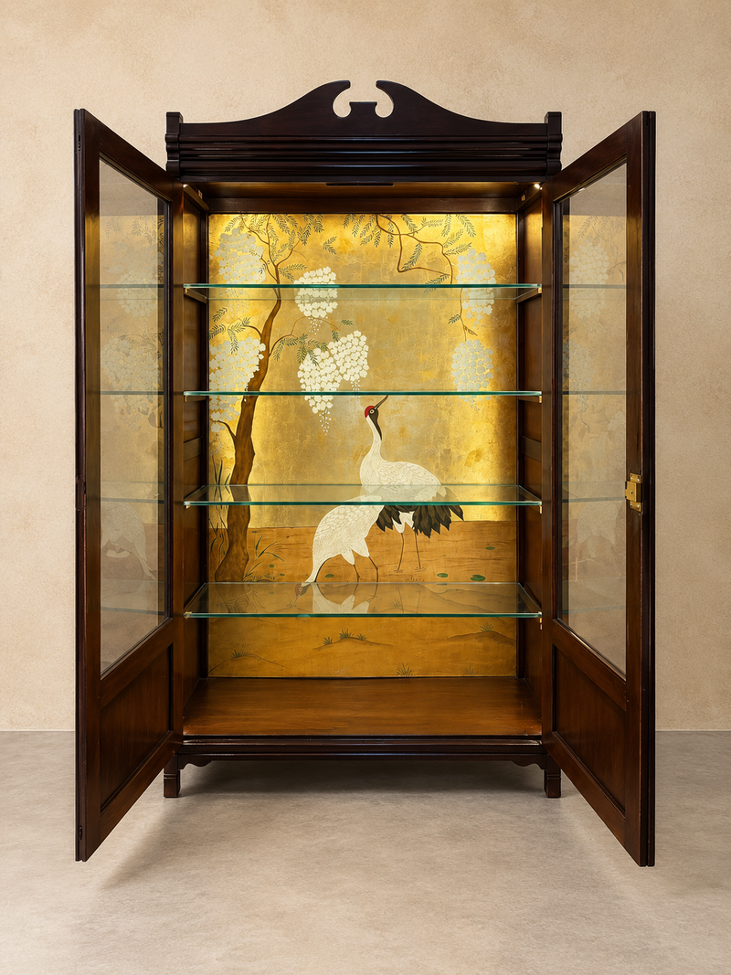 Mahogany Vitrine/ Glass Cabinet Cupboard With White Crane Painting And Light Strip