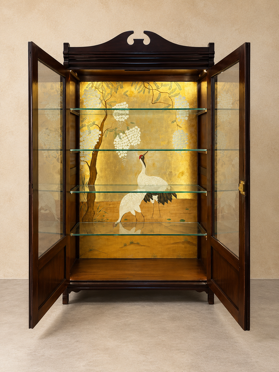 Mahogany Vitrine/ Glass Cabinet Cupboard With White Crane Painting And Light Strip