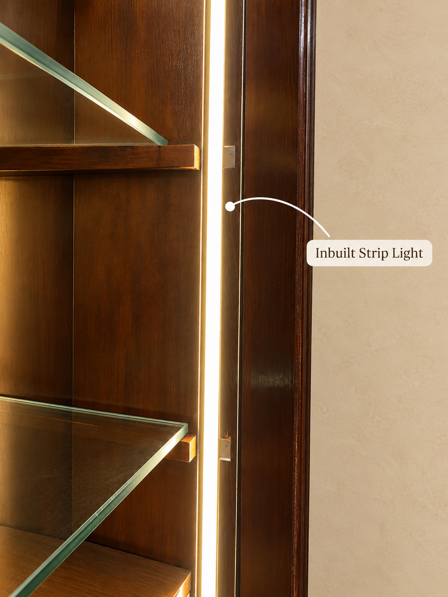 Mahogany Vitrine/ Glass Cabinet Cupboard With White Crane Painting And Light Strip