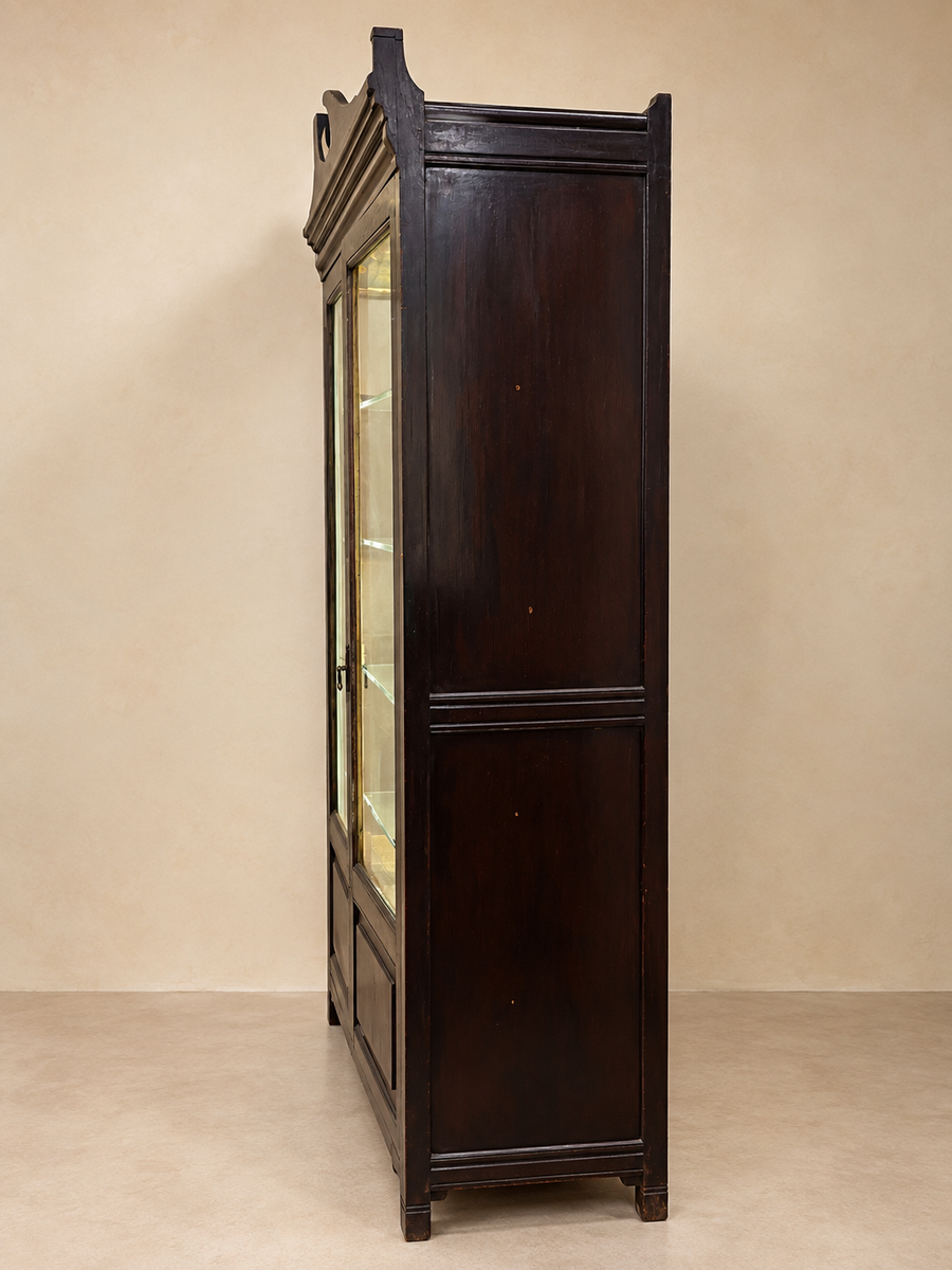 Mahogany Vitrine/ Glass Cabinet Cupboard With White Crane Painting And Light Strip