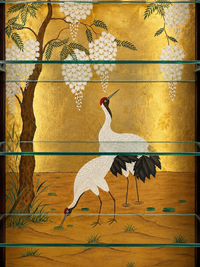 Mahogany Vitrine/ Glass Cabinet Cupboard With White Crane Painting And Light Strip