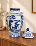 Blue and white Japanese Warrior Art Ceramic Jar With Lid