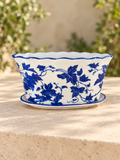 Blue Pottery Oval Ceramic Leaf Design Planter with Saucer