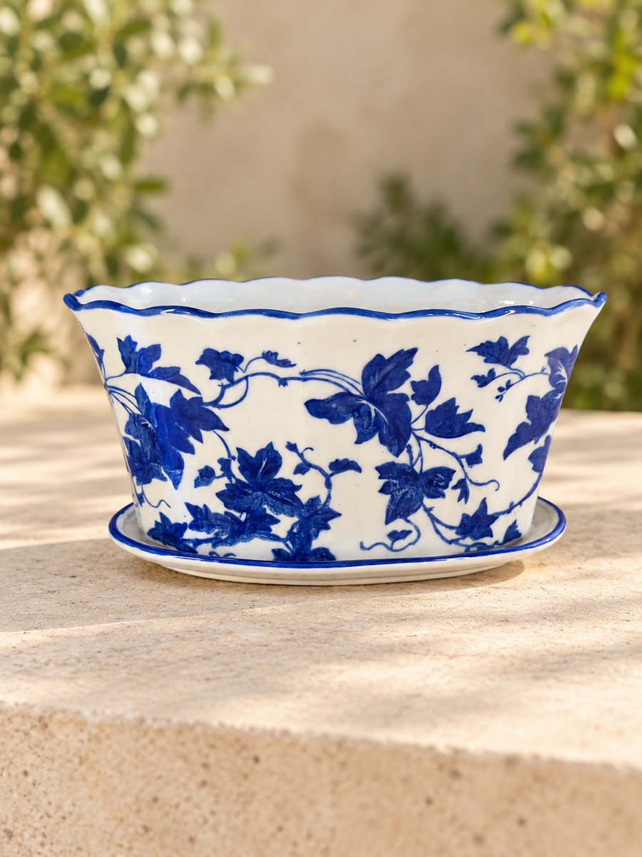 Blue Pottery Oval Ceramic Leaf Design Planter with Saucer