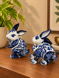 Blue & White Floral Ceramic Rabbit pair