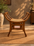 Wooden Curule Cane Bench With Antique Pink Tile