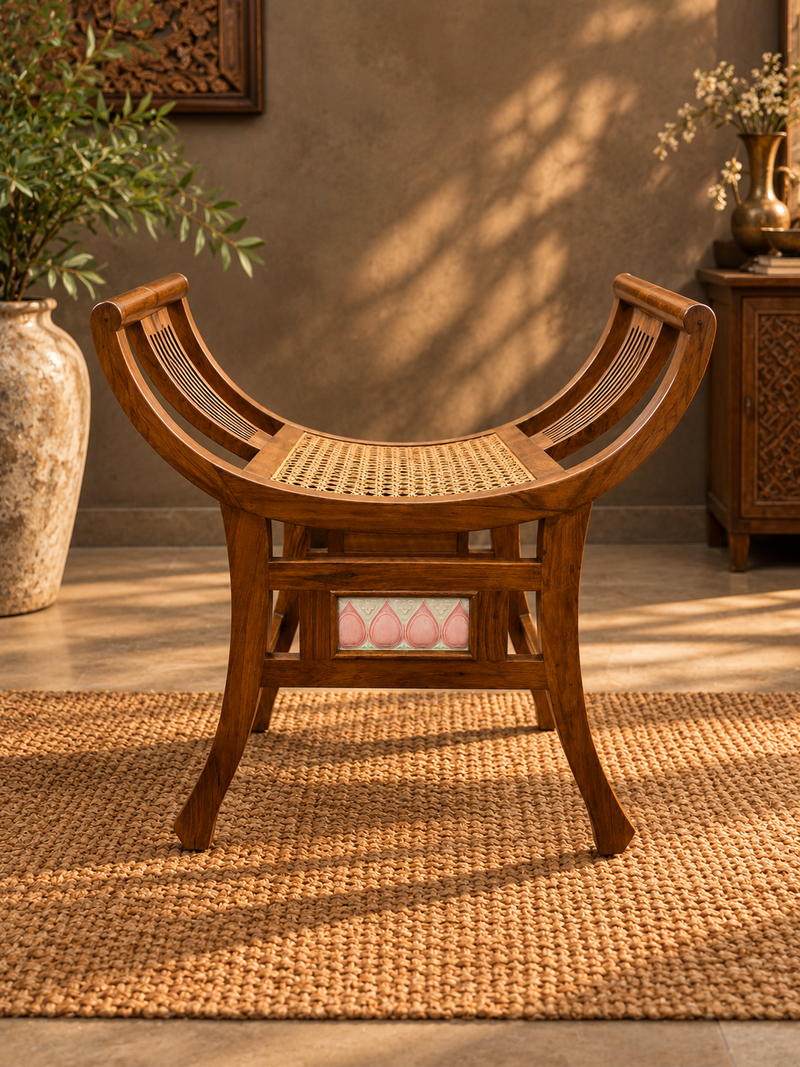 Wooden Curule Cane Bench With Antique Pink Tile