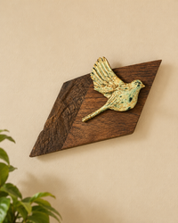 Beige Ceramic Bird Mounted On Wood Wall Hanging