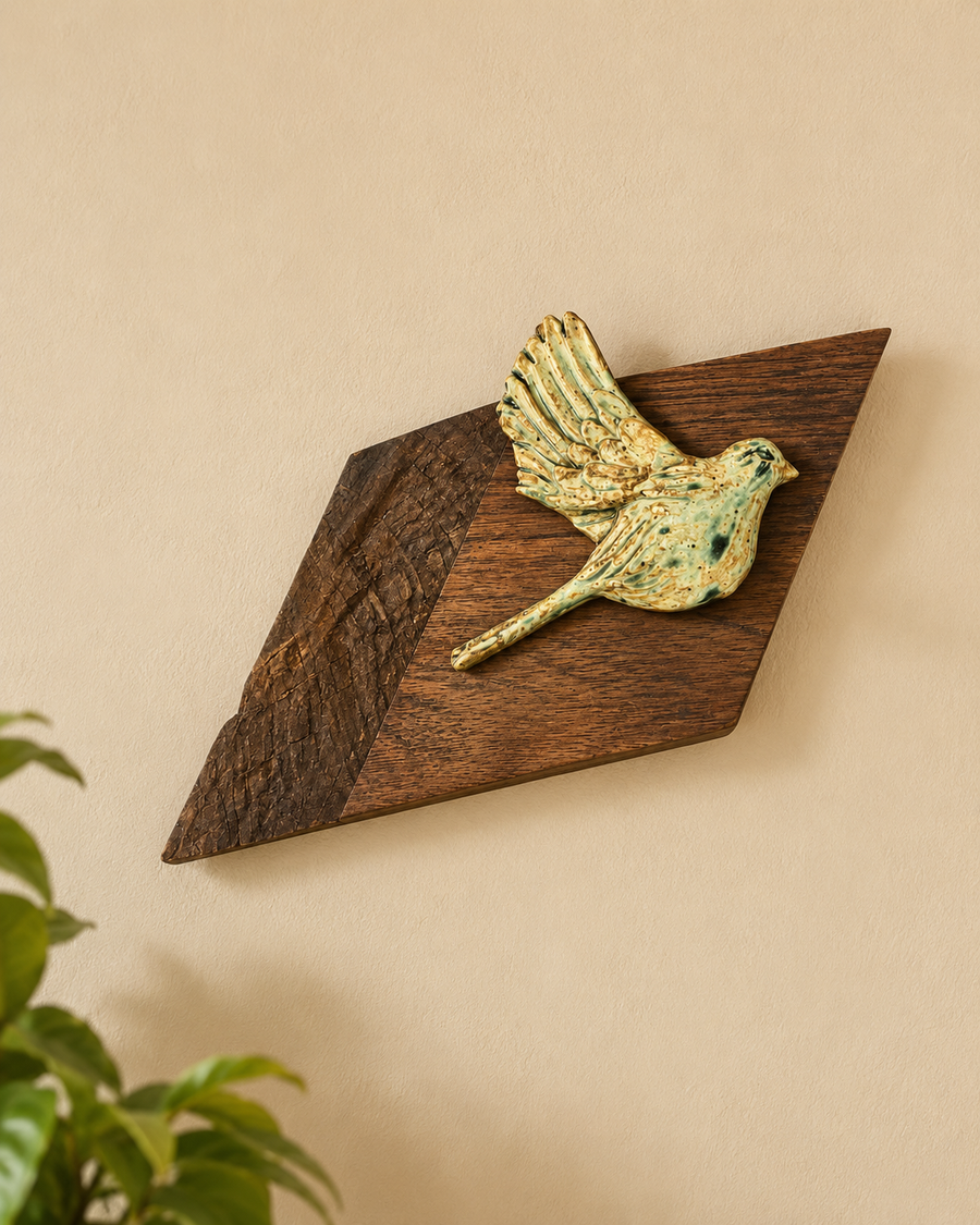 Beige Ceramic Bird Mounted On Wood Wall Hanging
