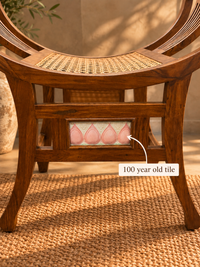 Wooden Curule Cane Bench With Antique Pink Tile