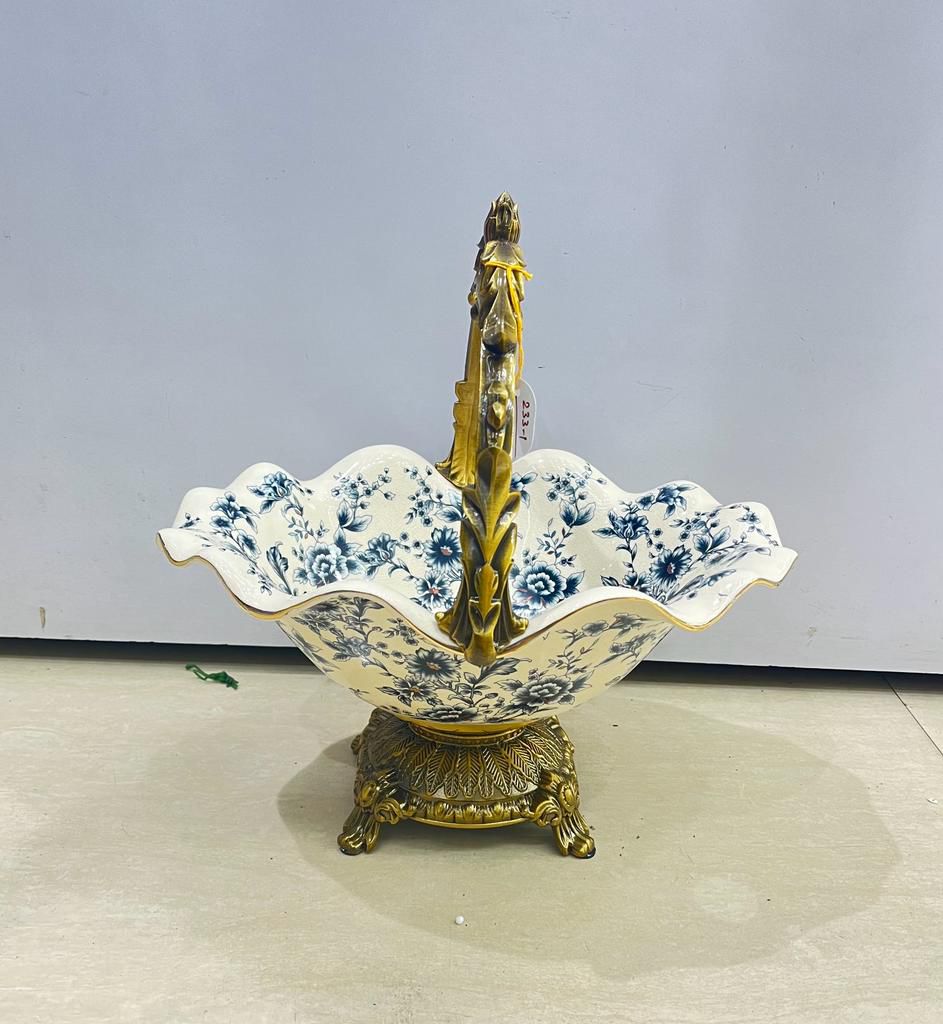 Blue Pottery Bowl With Golden Handle