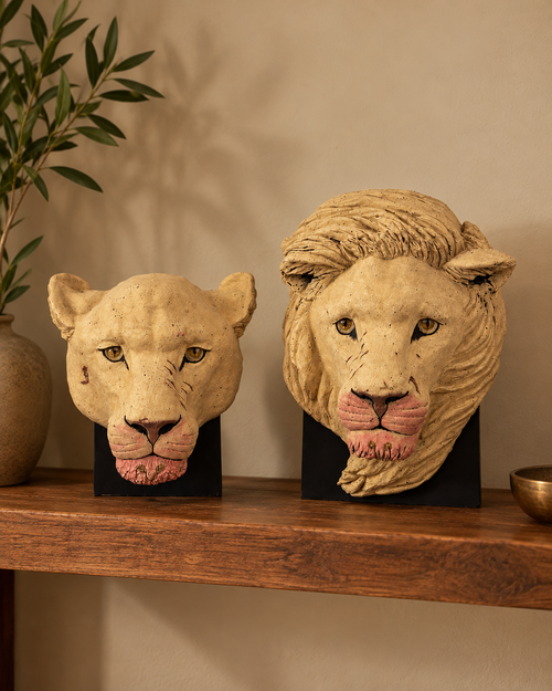 Ceramic Lion And Lioness Head Sculptures On A Wooden Stand (Each)