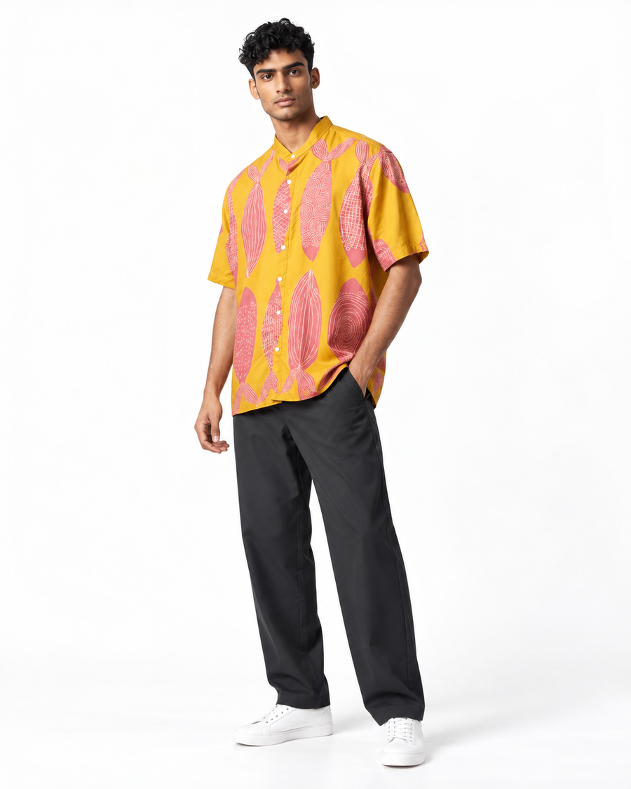 Mustard Fish Print Cotton Shirt