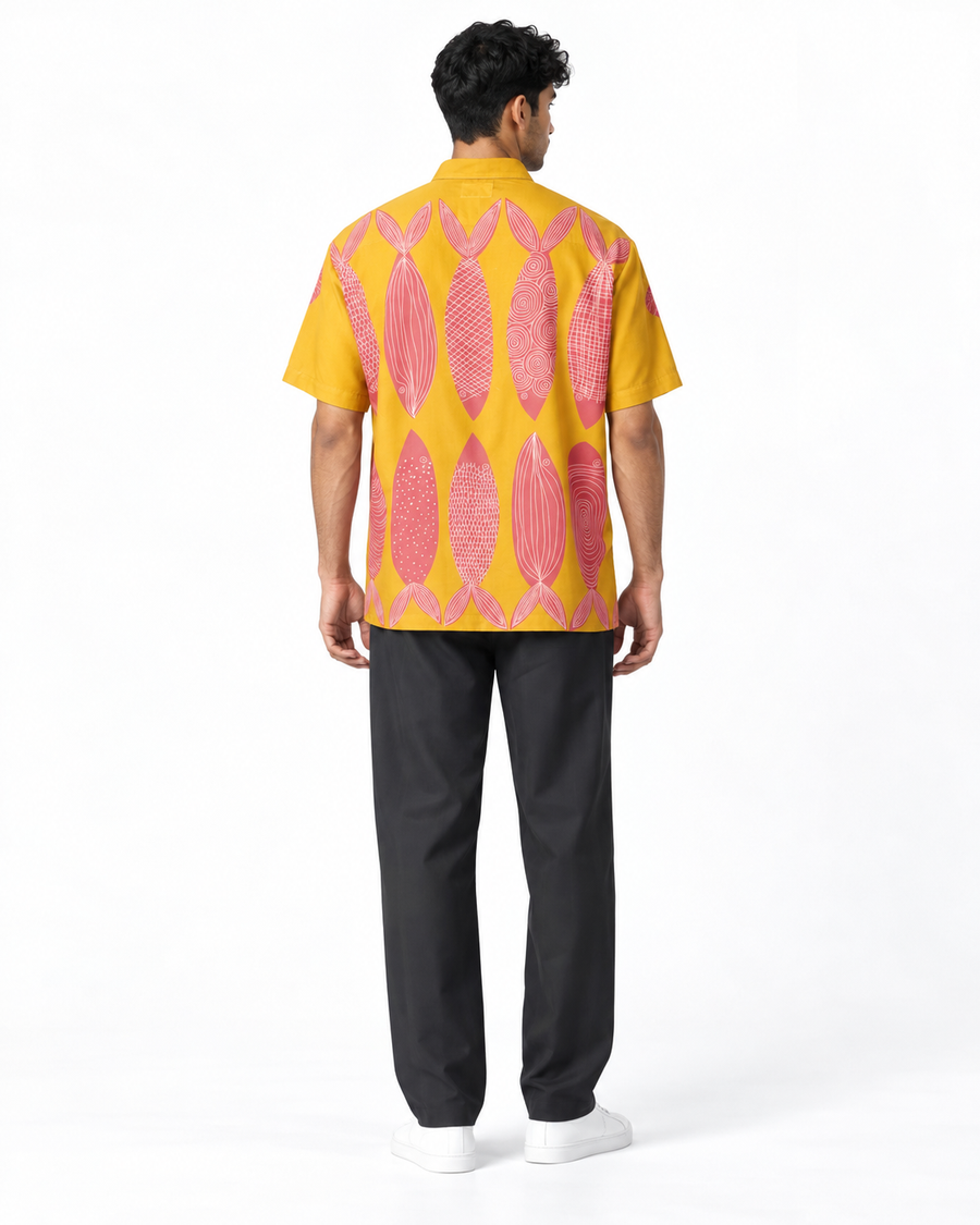 Mustard Fish Print Cotton Shirt
