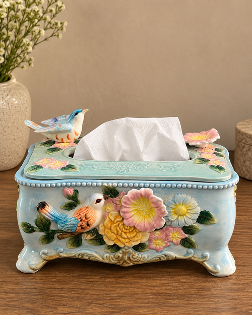 Pastel Ceramic 3D Floral Tissue Box With Bird Figuirines