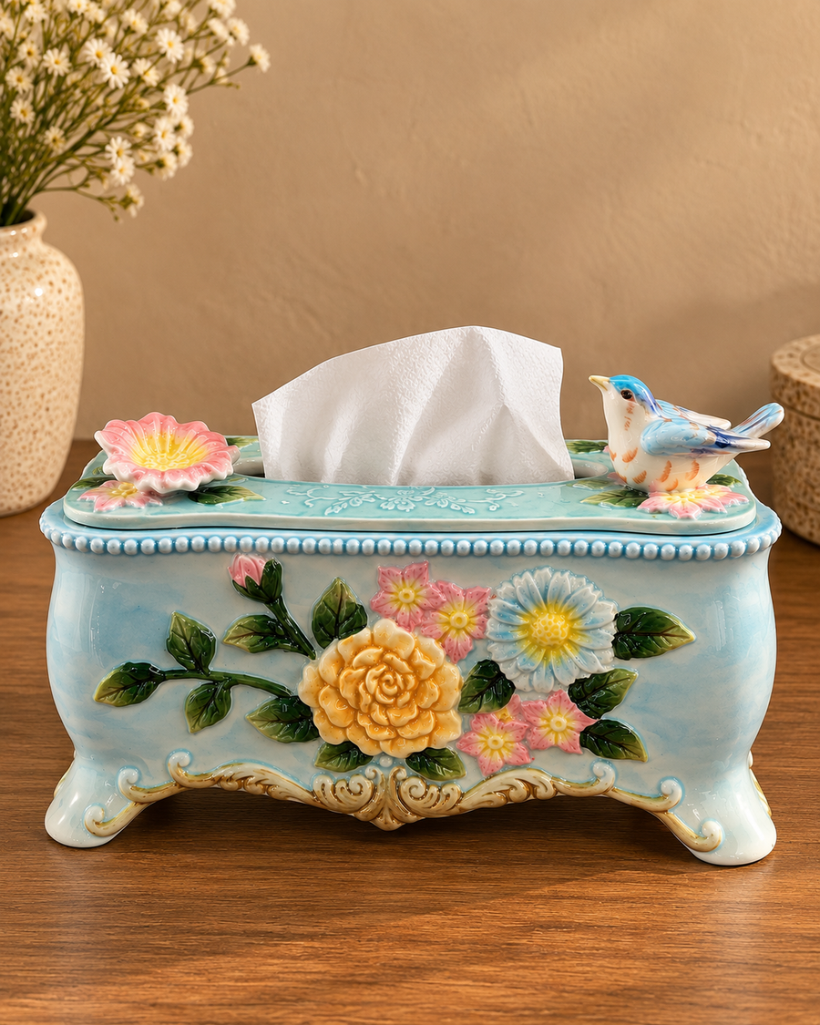 Pastel Ceramic 3D Floral Tissue Box With Bird Figuirines