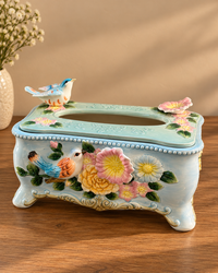 Pastel Ceramic 3D Floral Tissue Box With Bird Figuirines