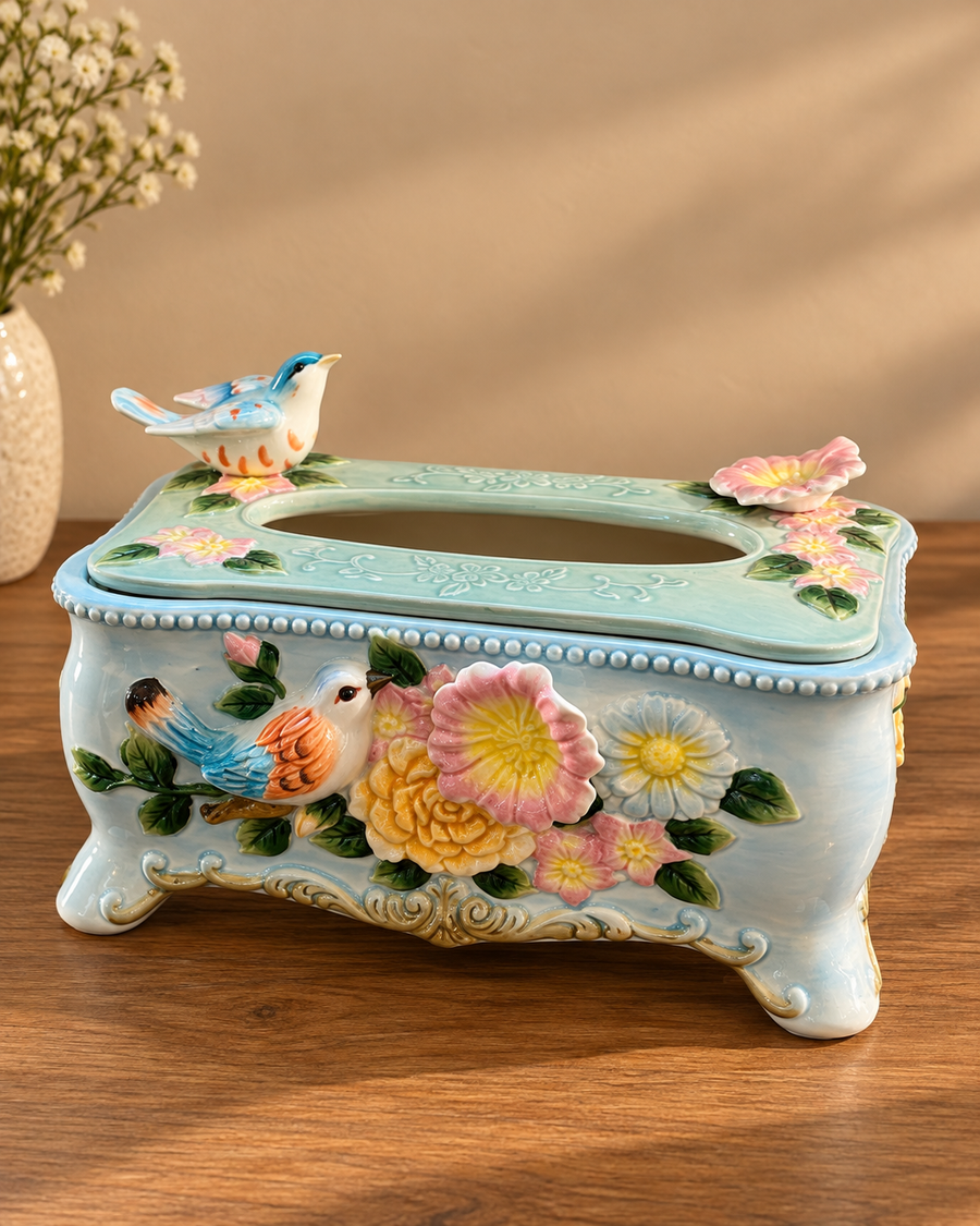 Pastel Ceramic 3D Floral Tissue Box With Bird Figuirines