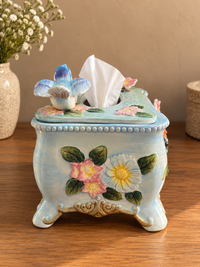 Pastel Ceramic 3D Floral Tissue Box With Bird Figuirines