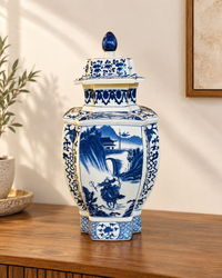 Blue and white Japanese Warrior Art Ceramic Jar With Lid
