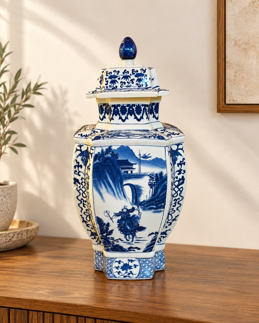 Blue and white Japanese Warrior Art Ceramic Jar With Lid