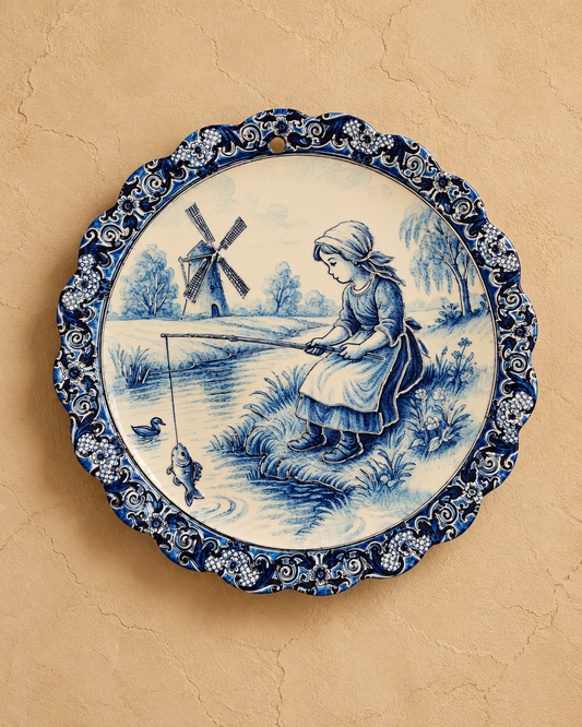 Round vintage Blue Painting Wall Hanging plaque