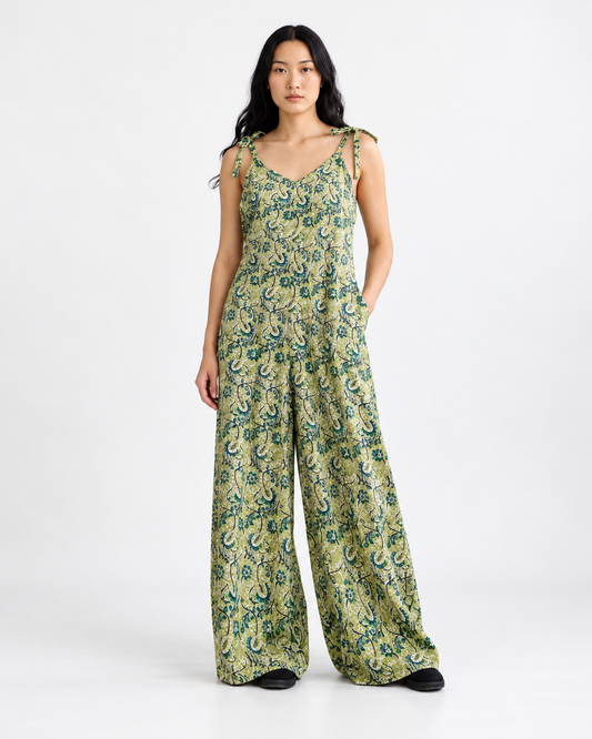 Green Handblock Paisley Tie-Strap Jumpsuit