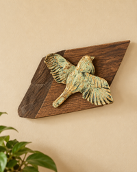 Beige Ceramic Bird Mounted On Wood Wall Hanging