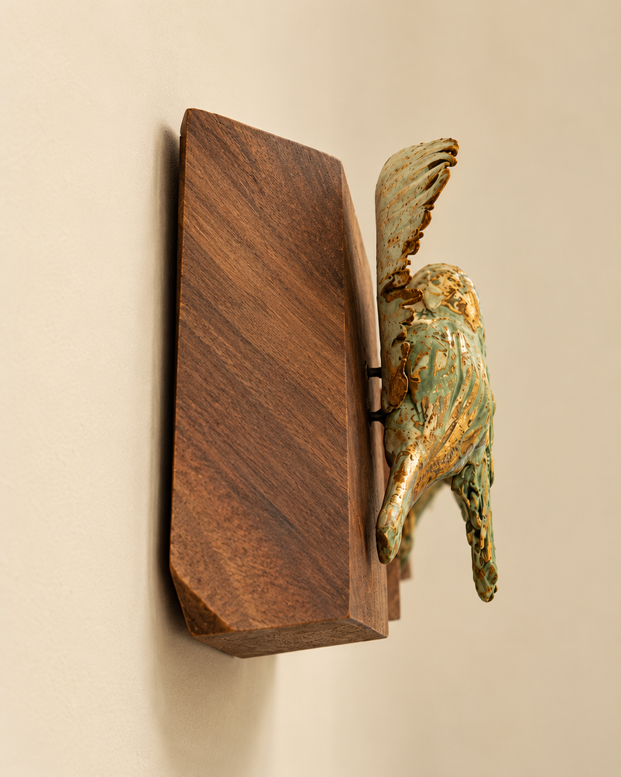 Beige Ceramic Bird Mounted On Wood Wall Hanging