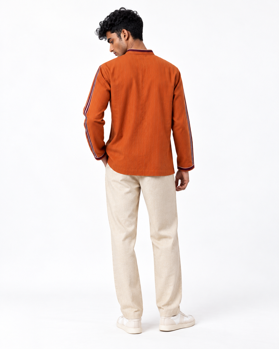 Orange Indo-Fusion Wrap-Front Mens Shirt