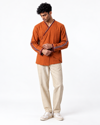 Orange Indo-Fusion Wrap-Front Mens Shirt