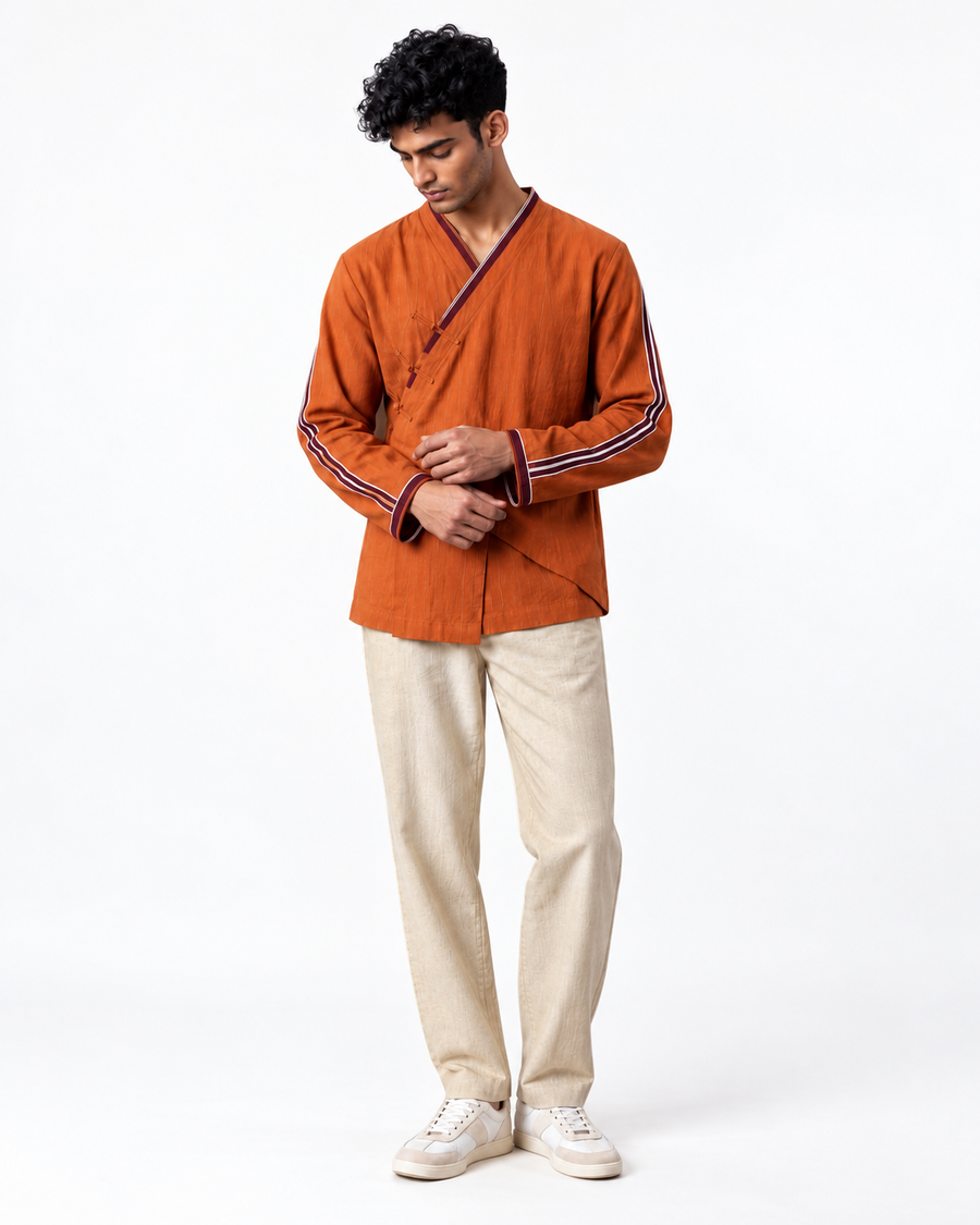 Orange Indo-Fusion Wrap-Front Mens Shirt