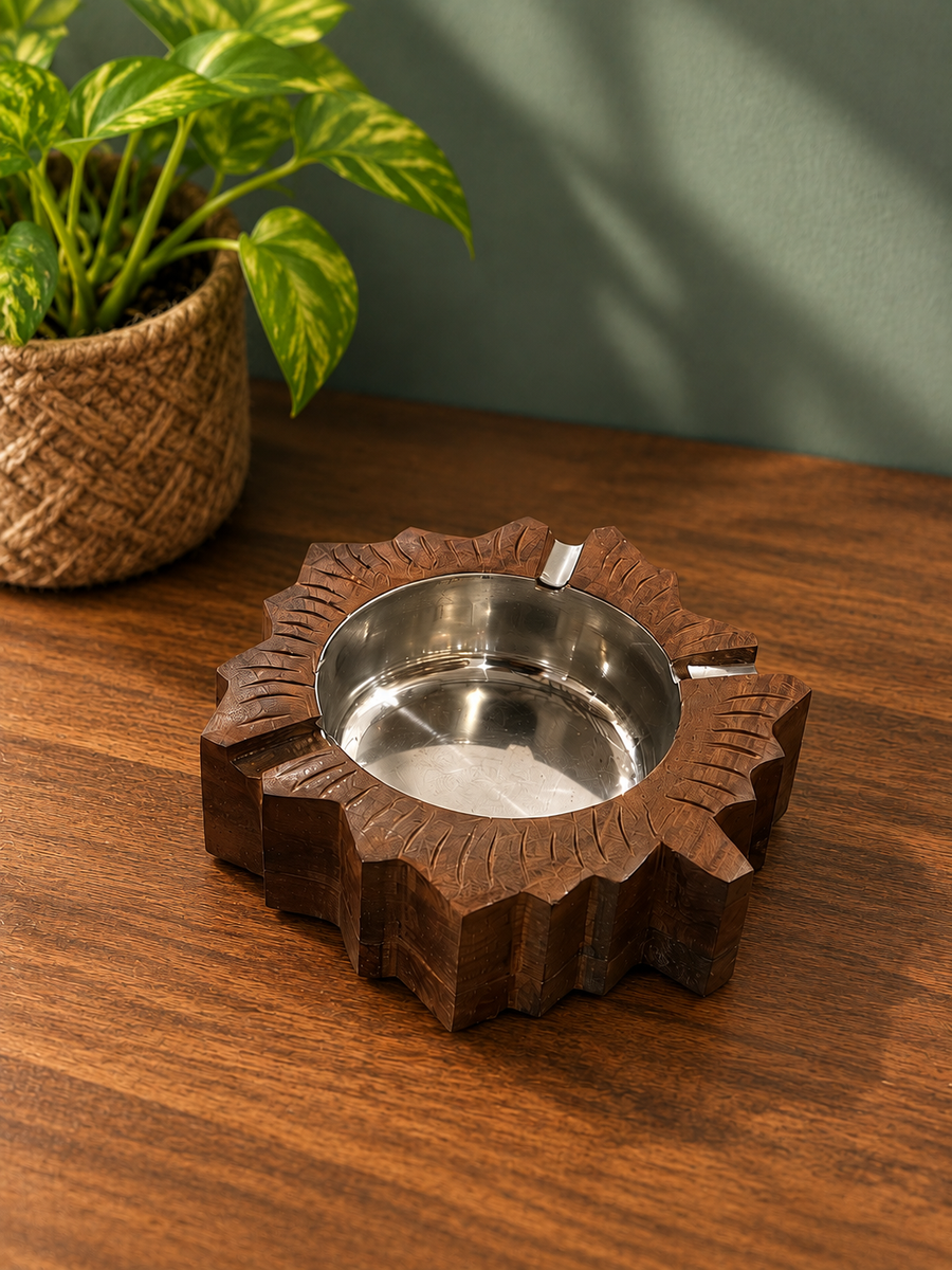 Carved Wood Base Metal Ashtray