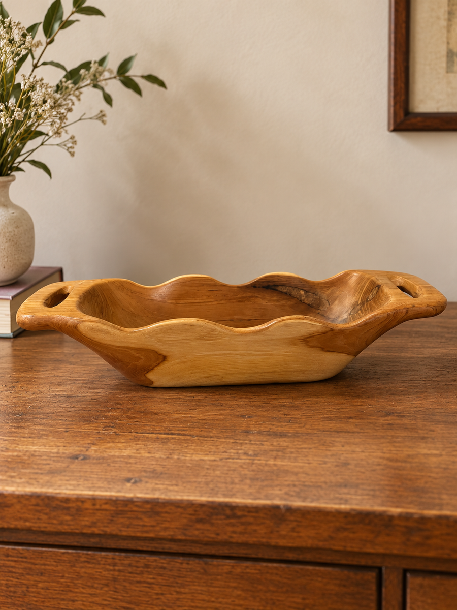 Rectangular Wooden Bowl With Two Handles