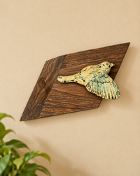Beige Ceramic Bird Mounted On Wood Wall Hanging
