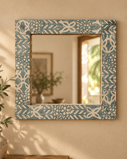 Teal Wooden Carving Mirror