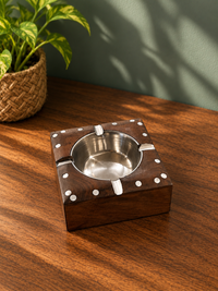 Carved Wood Base Metal Ashtray