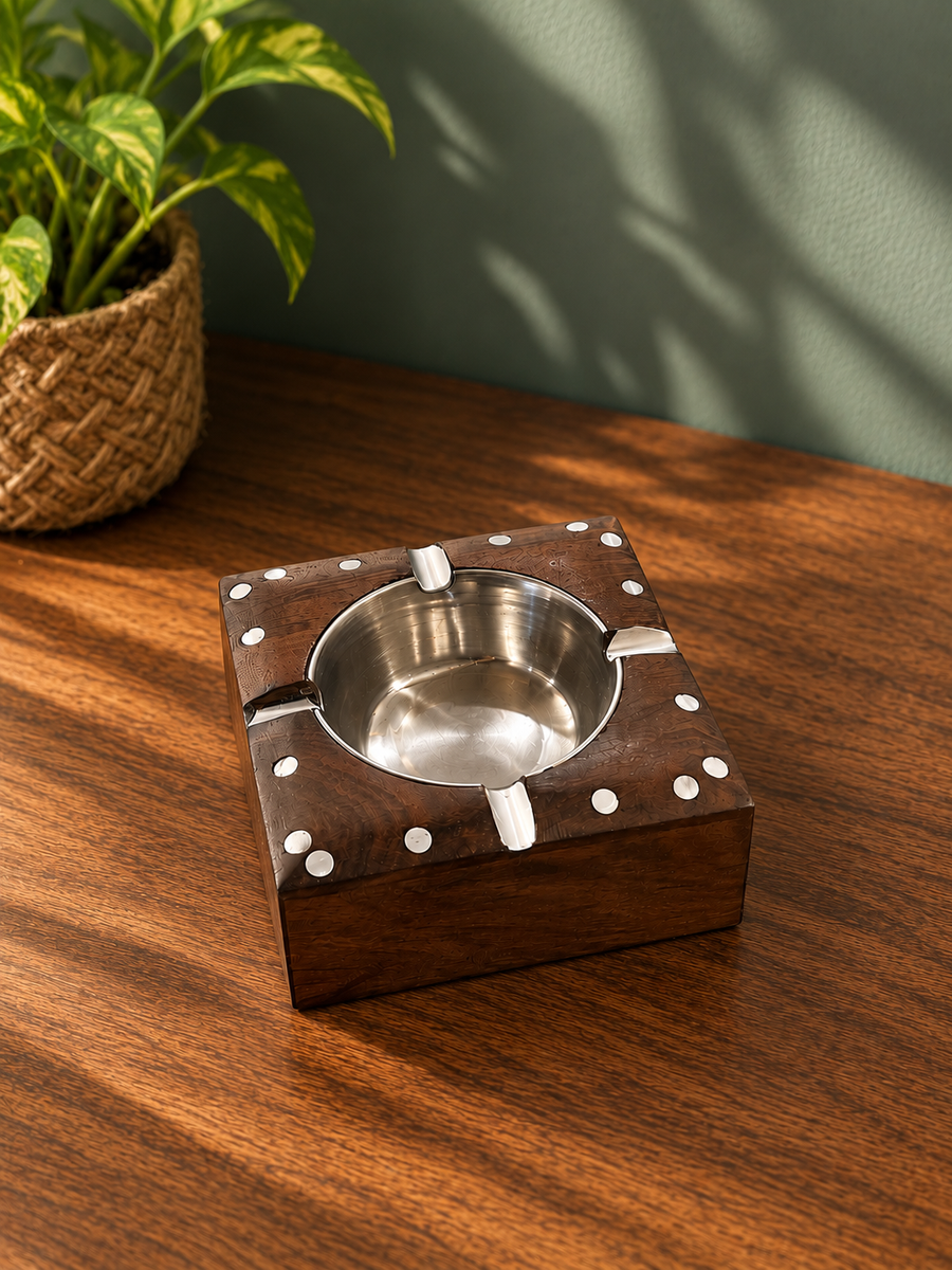 Carved Wood Base Metal Ashtray