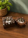 Carved Wood Base Metal Ashtray